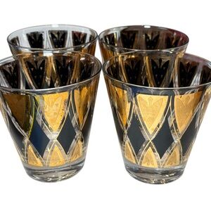 Fred Press Vintage MCM Black & Gold Glass Tumblers Barware Lowball